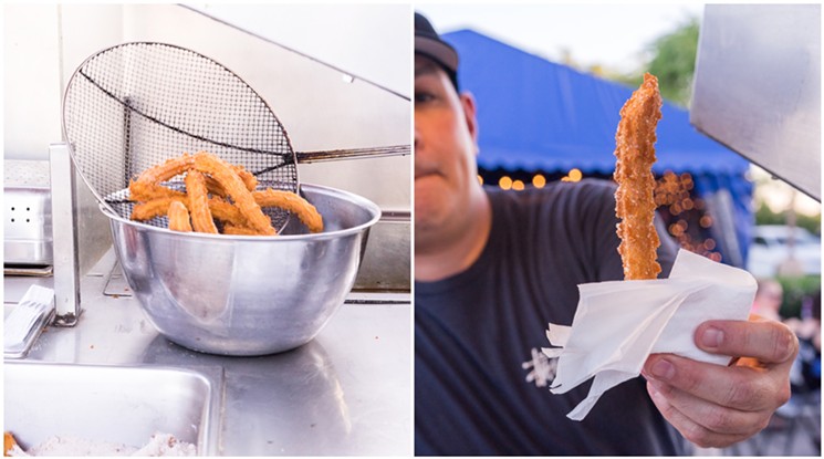 Left:  The King Churro cart parks next to Tacos Tijuana every weekend. Right: The King Churro sweets are traditional and simple, served hot  by the bag for $5. - SHELBY MOORE