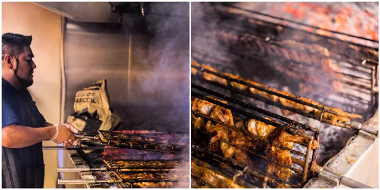 The mesquite grill, where the chickens are rotated by hand over the coals, fills the kitchen with smoke and the surrounding block with the smell of chicken cooking. - SHELBY MOORE