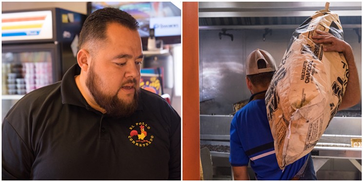 Left: Irwingh Gaxiola Sr., Hernandez's son, manages the restaurant and works the counter during a busy Saturday lunch rush. Right: The kitchen uses mesquite wood coals as their primary heat source. - SHELBY MOORE