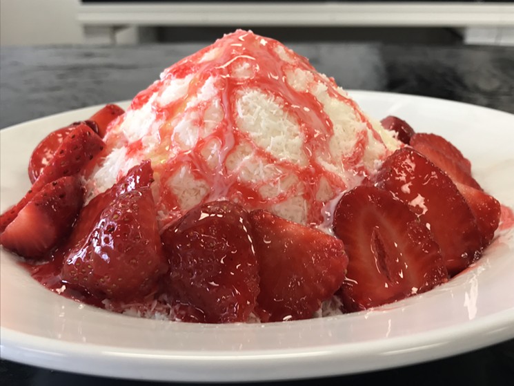 The Strawberry Snowflake is a mountain of milky snow topped with strawberry syrup and fresh strawberries. - MELISSA CAMPANA