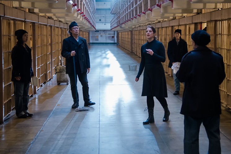 Composer Lisa Bielawa talks with cast members during filming at Alcatraz. - DAVID SODERLUND