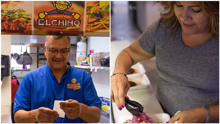 Left: Rafael Ung reads the ticket for a late lunch order. Right: Ung's wife, Erlinda Moreno, plates up tacos at the salsa bar. - SHELBY MOORE