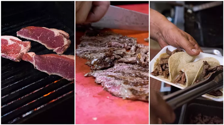 Three variables make Rafael Ung's carne asada unique: mesquite charcoal grilling, salt, and rib-eye steak. - SHELBY MOORE