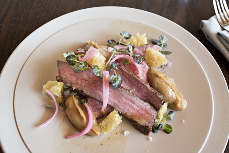The Weft & Warp flank steak with Kilt Lifter beer and onion puree. - JACKIE MERCANDETTI