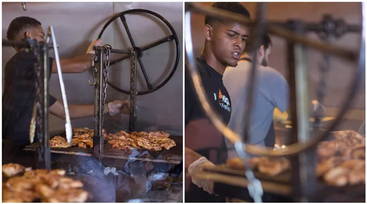 The mesquite charcoal that they at Mr. Mesquite not only imparts a signature smokiness that seasons the meat, it also burns hot, so special grills are used to lower and raise the grate so that different meats can cook at different rates for a more event finish. - SHELBY MOORE