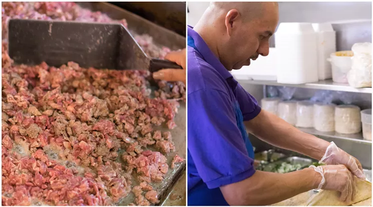The carne asada is being prepped in large batches for the evening's guaranteed dinner rush. - SHELBY MOORE