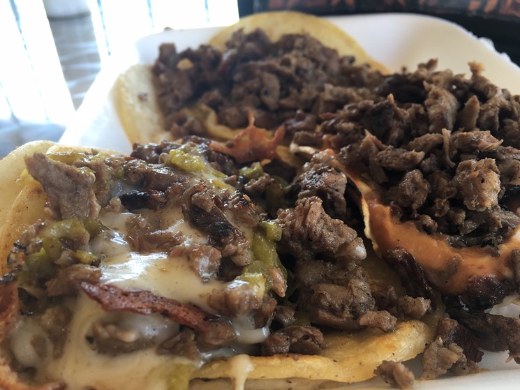 At Ta'Carbon, the Taco Hazz features steak, green chile, and melted cheese. The Lorenza features steak, red chile, and cheese; and the carne asada is all meat. - FELICIA CAMPBELL