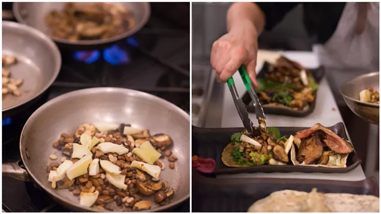 Left: the tepary bean and seasonal vegetables are sauteed for vegetable tacos. Right: Tacos are plated for the brewery's Taco Tuesday special, which lets you choose two tacos and a beer from their list. - SHELBY MOORE