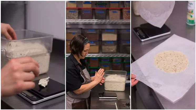 Stanger forms balls of dough made from wheat flour and spent grain from their brewery, which she puts in a special tortilla press that both flattens and par-cooks the rounds to help them keep their form and cook quickly on the stovetop. - SHELBY MOORE