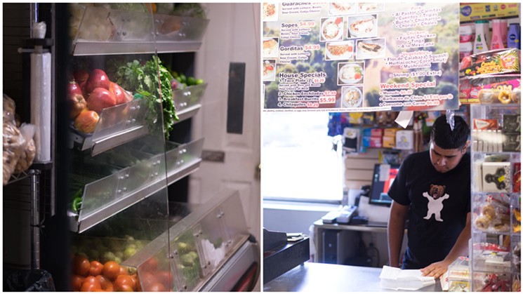 Left: The produce fridge at the market is stocked with tomatoes and tomatillos, among other staple produce. Right: The front counter is where all items are rang up and where prepared food orders are taken. - SHELBY MOORE