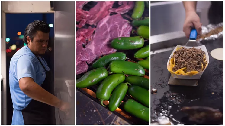 From left: Carne asada and peppers are fired on the grill; Super Mega Nachos, before they're topped with grilled onion, crema, and salsa. - SHELBY MOORE