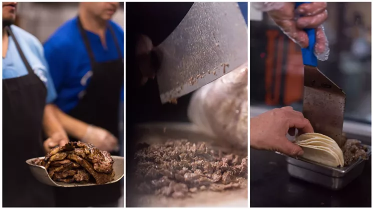 Left to right: Carne asada is delivered to the line, where it's finely chopped, ready for freshly greased tortillas. - SHELBY MOORE