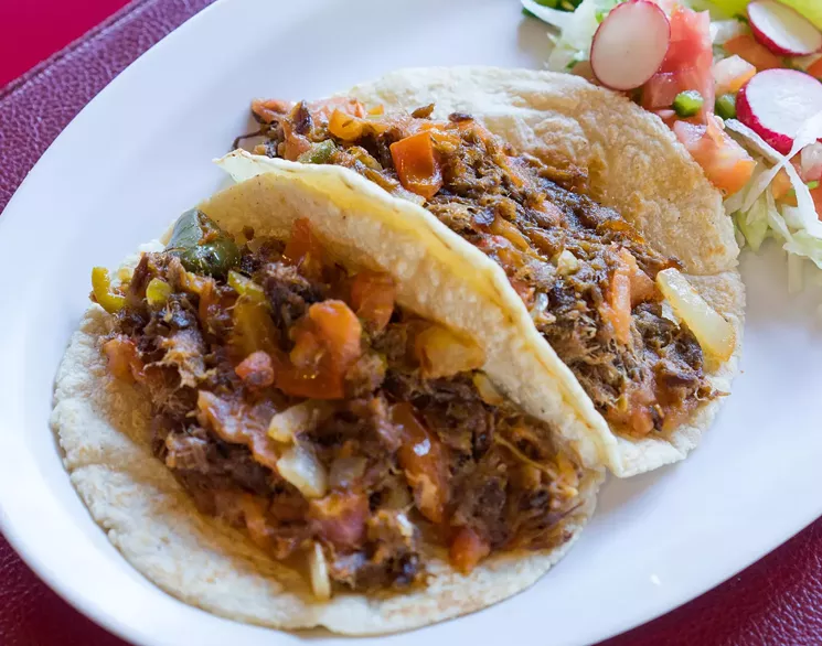 Machaca con verdura, or machaca with vegetables tacos, is one of the popular ways El Horseshoes serves their specialty. - SHELBY MOORE
