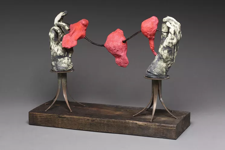 Constance McBride, Between Two Worlds, 2016. Ceramic, iron oxide, steel, wood. - COURTESY OF SHEMER ART CENTER