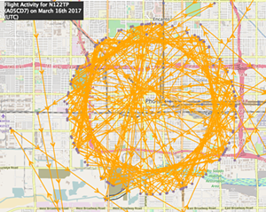 Historical flight data shows that on March 16, the surveillance plane circled around and around central Phoenix, as well as Tempe. - SCREENGRAB/ADS-B EXCHANGE
