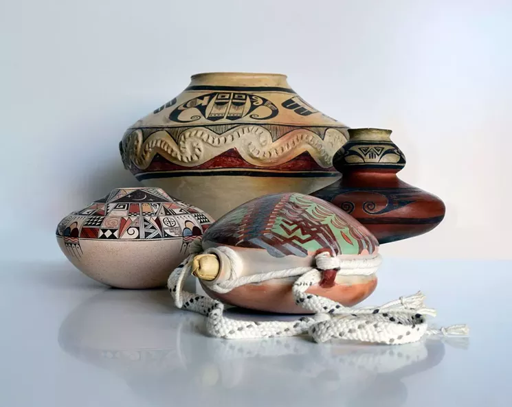 Artwork Credits (Left to Right): Rainy Naha (Hopi/Tewa, b. 1949), Jar, 2008. Nampeyo of Hano (Hopi/Tewa, c. 1860-1942), Polychrome Storage Jar with Appliqué, c. 1905. Nampeyo of Hano (Hopi/Tewa, c. 1860-1942) and Annie Healing Nampeyo (1884-1968), Bi-lobal Jar, 1900-1905. Artwork Credit (Foreground): Nathan Begaye (Hopi/Navajo, 1958-2010), Polychrome Water Canteen, 2000. Gifts of the Allan and Judith Cooke Collection. - BILL DAMBROVA