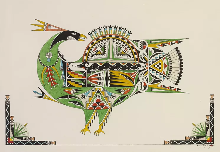 Awa Tsireh (Alfonso Roybal), San Ildefonso Pueblo, Mystical Bird, c. 1940. - PHOTOGRAPH COURTESY OF THE HERBERT F. JOHNSON MUSEUM OF ART, CORNELL UNIVERSITY, GIFT OF MALCOLM WHYTE, CLASS OF 1955 AND KAREN WHYTE., 2011.058.005