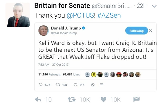 A fake endorsement from President Donald Trump appears on Craig Brittain's Twitter feed. Brittain describes it as a "parody." - SCREENSHOT/TWITTER