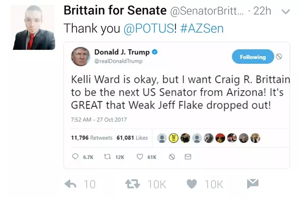 A fake endorsement from President Donald Trump appears on Craig Brittain's Twitter feed. Brittain describes it as a "parody." - SCREENSHOT/TWITTER