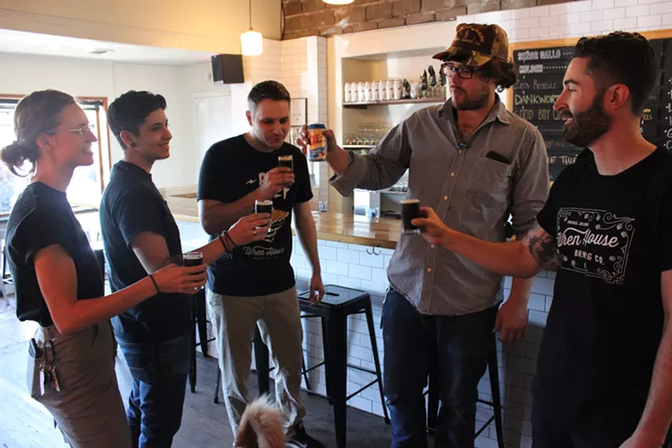 The Wren House team about to down a toast two minutes before doors open and Pecan Pie Thief is released. (Thoeny is the one in the hat.) - CHRIS MALLOY