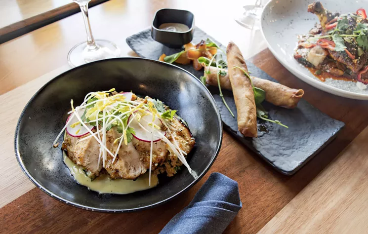 8.jpg, Moroccan spiced chicken bowl, with duck spring rolls and Hearth Baked adobo chicken in bkgd - JACKIE MERCANDETTI