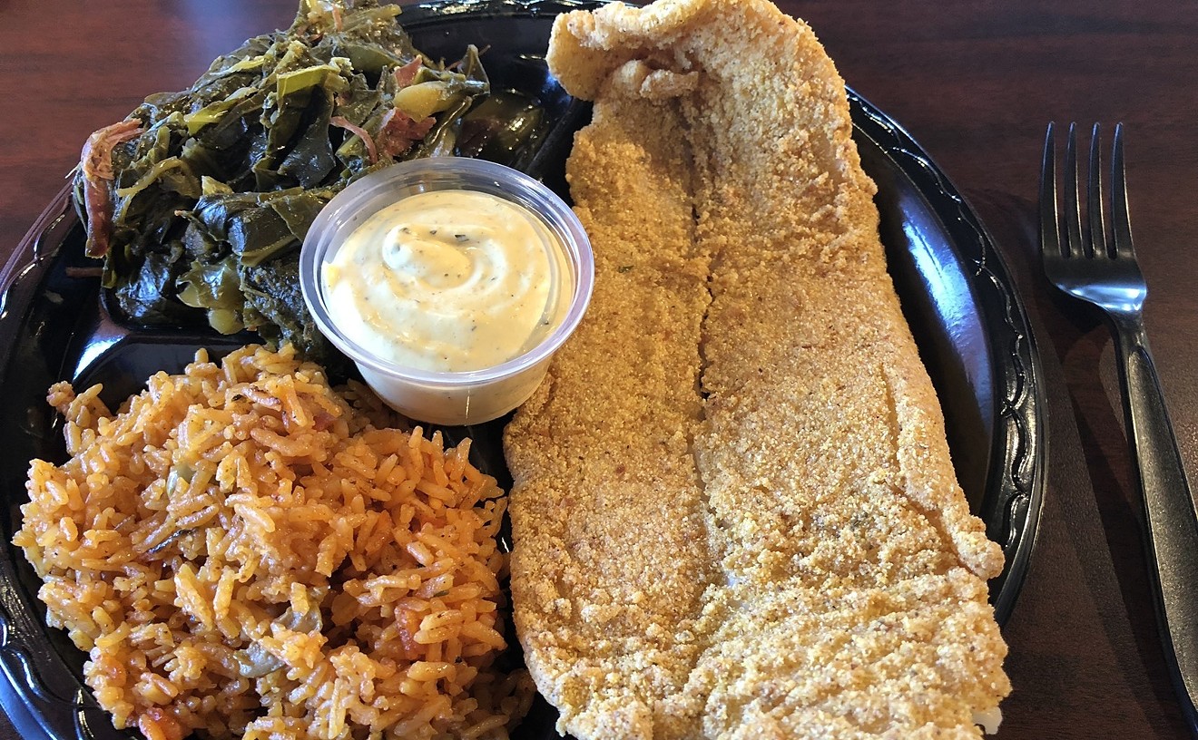 Fried swai, rice, and collards from Rhema Soul Cuisine, now in Phoenix.