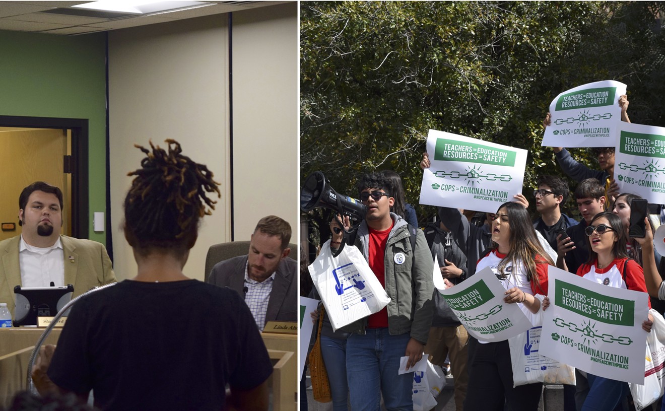 Left: Phoenix Union High School District governing board members listen as activists demand changes to district security policies on September 6. Right: Students protest officers in schools in downtown Phoenix in February.