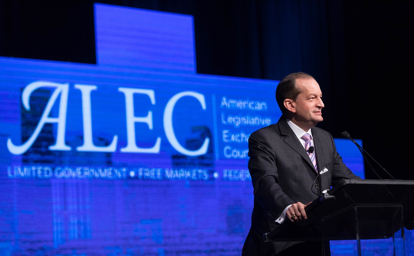 Then-Labor Secretary Alex Acosta gives a speech at the ALEC's 2017 annual conference in Denver.