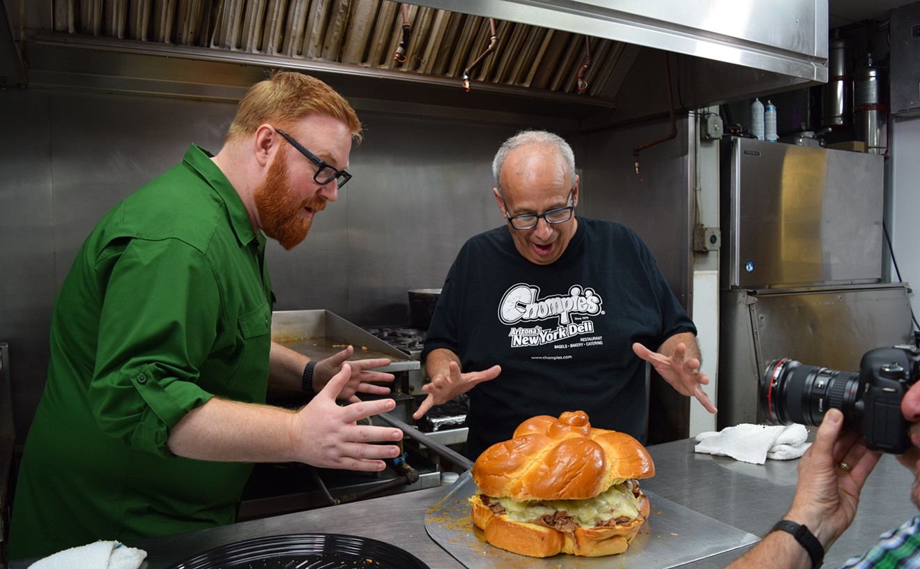 Josh Denny of Food Network talks to Brian Becker of Chompie's about Bubbie's Belly Buster.