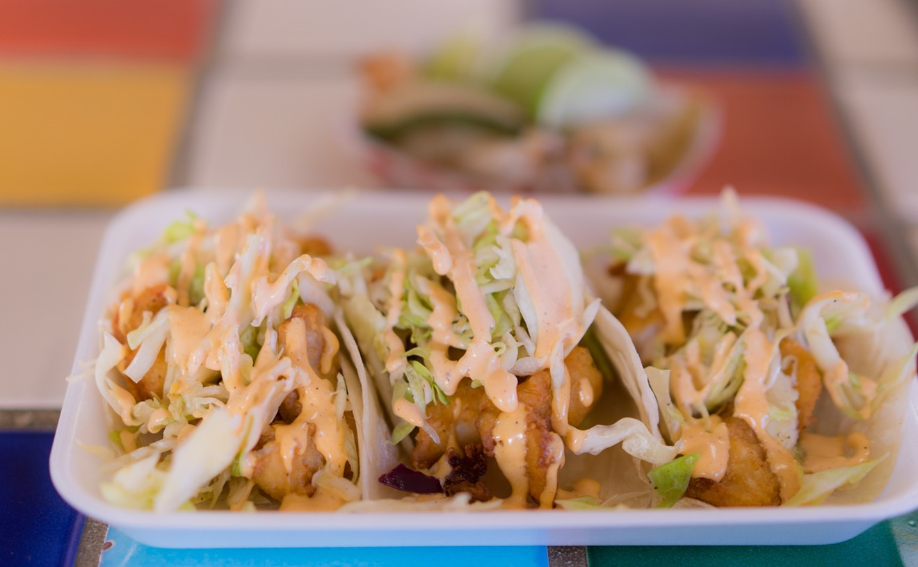 Atoyac's famous fish tacos are topped with crunchy cabbage and a spicy chipotle mayo.