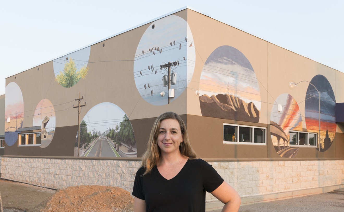 Laura Spalding Best with her new Convergence mural at Grand Avenue and Roosevelt Street.