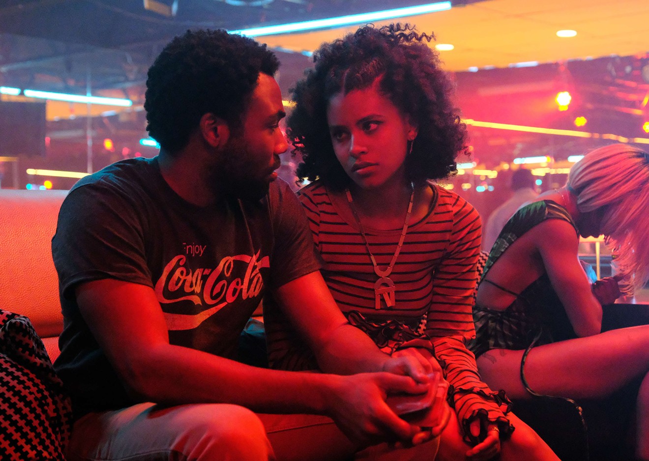 Donald Glover (left), the creator, cowriter and star of the FX series Atlanta, appears in a scene with Zazie Beetz.