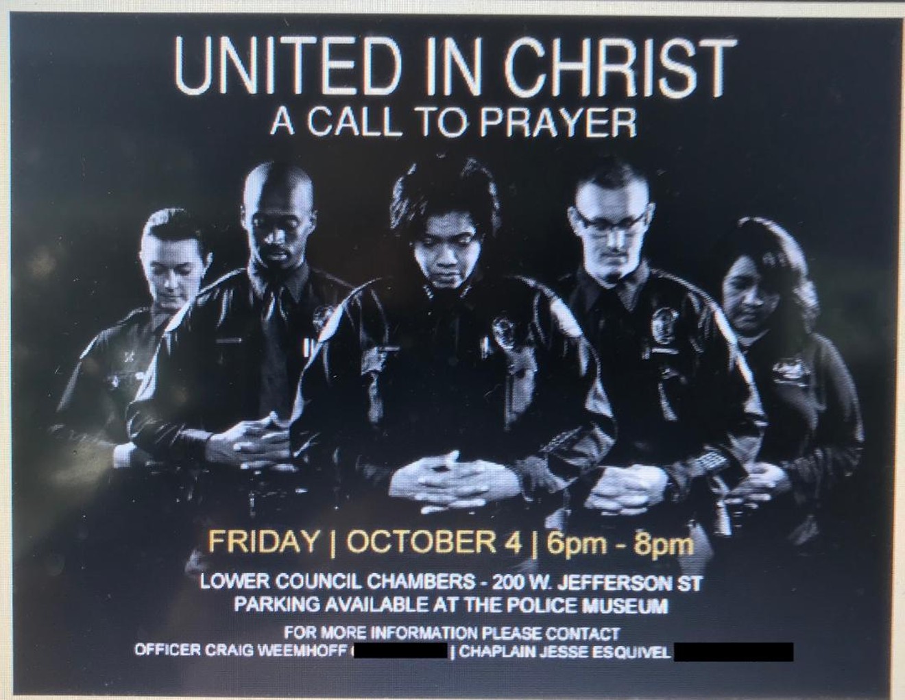 United in Christ flyer (New Times covered the phone numbers of Esquivel and Weemhoff))