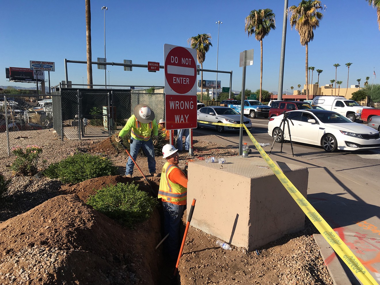 ADOT work crews begin installing a system to warn of wrong-way freeway drivers on I-17. Work started at Indian School Road.