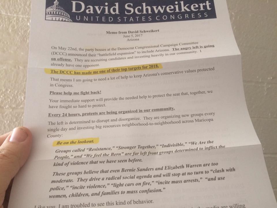 A fundraising letter sent by Rep. David Schweikert claims that Indivisible groups are "determined to inflict the kind of violence we have never seen before." The full letter (which goes on for several pages) can be viewed and downloaded at the bottom of this page.