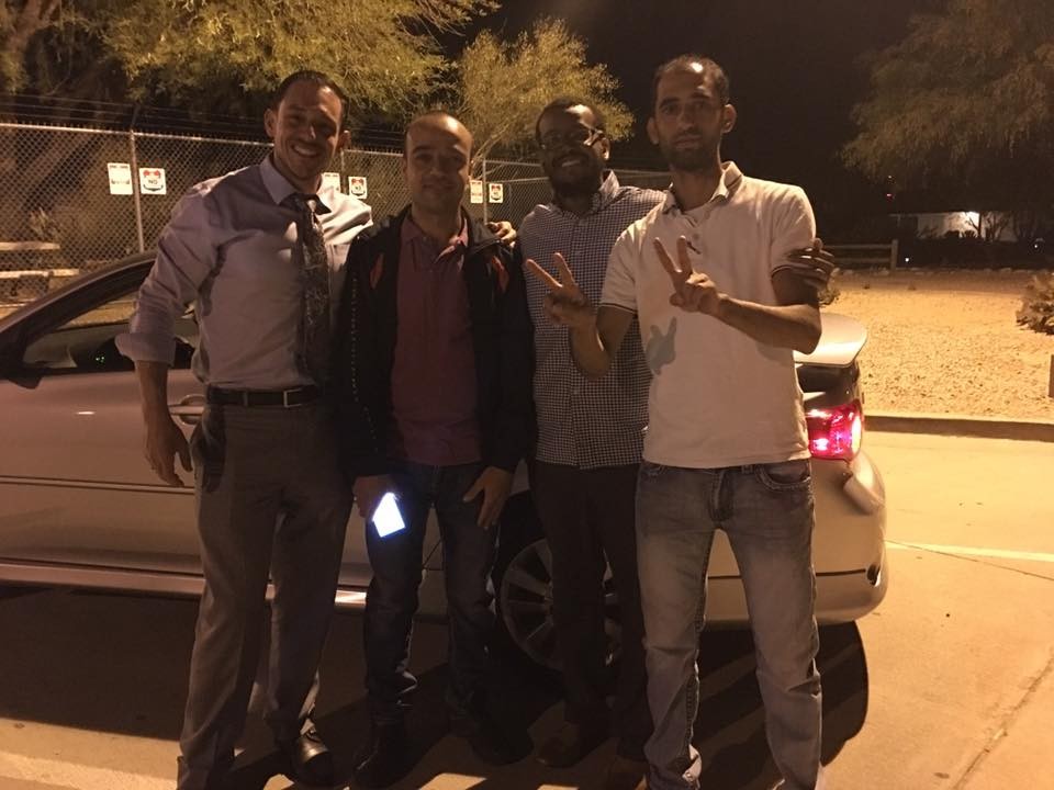 From left: Zayed Al-Sayyed, Hisham Shaban Ghalia, Liban Yousuf, and Mounis Hammouda celebrate after Ghalia's release from a Florence immigration detention center in May 2016.