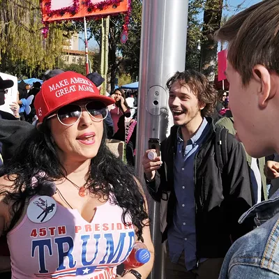 Jennifer Harrison stirs up vitriol at a women's rights protest in February 2020. Now, she's wanted by Temple police after being seen spraying abortion-rights protesters with bear mace on Sunday.