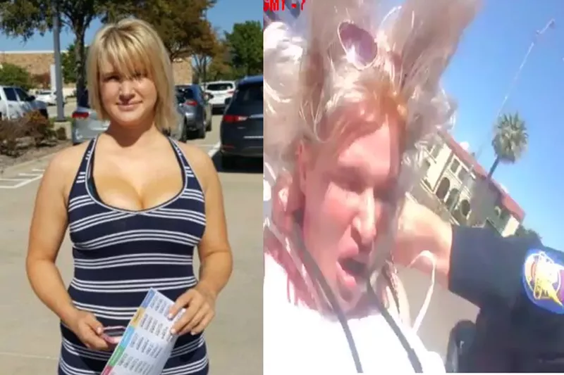 Image: Emily Lopatofsky and a still from the bodycam footage of her arrest.