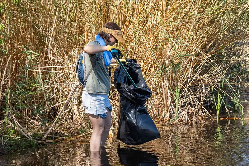 Image: Wading through shallow waters, a volunteer collects trash at the Lower Salt River during the Earth Day event on April 22, 2025, in Mesa.