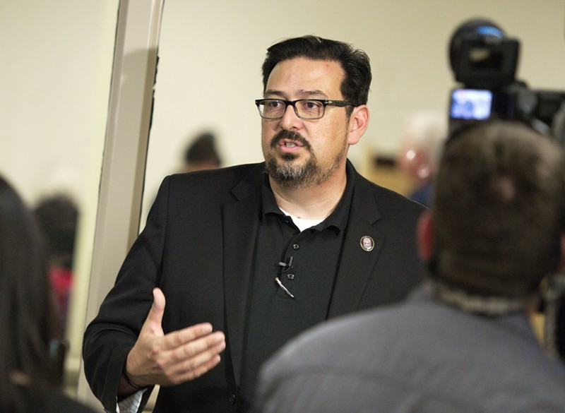 Maricopa County Recorder Adrian Fontes speaks to the media about the election turnout during a press conference at the Maricopa County Tabulation and Election Center.