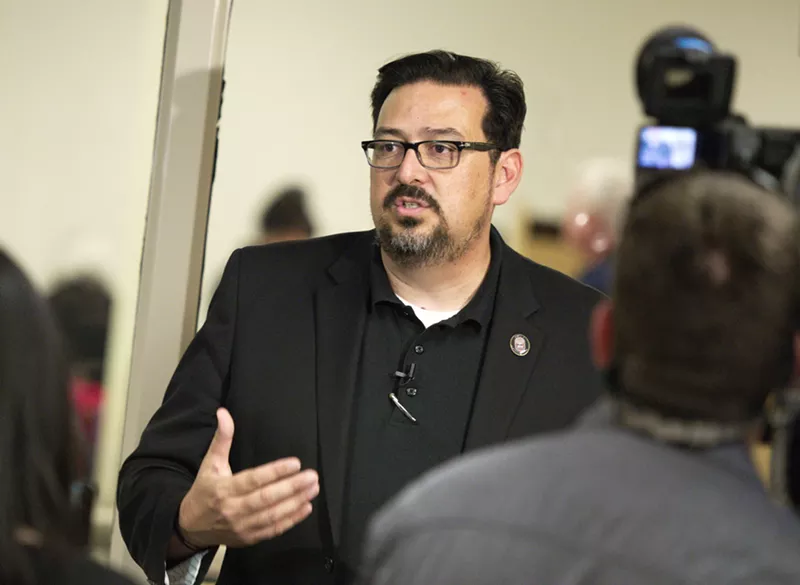 Image: Maricopa County Recorder Adrian Fontes speaks to the media about the election turnout during a press conference at the Maricopa County Tabulation and Election Center.