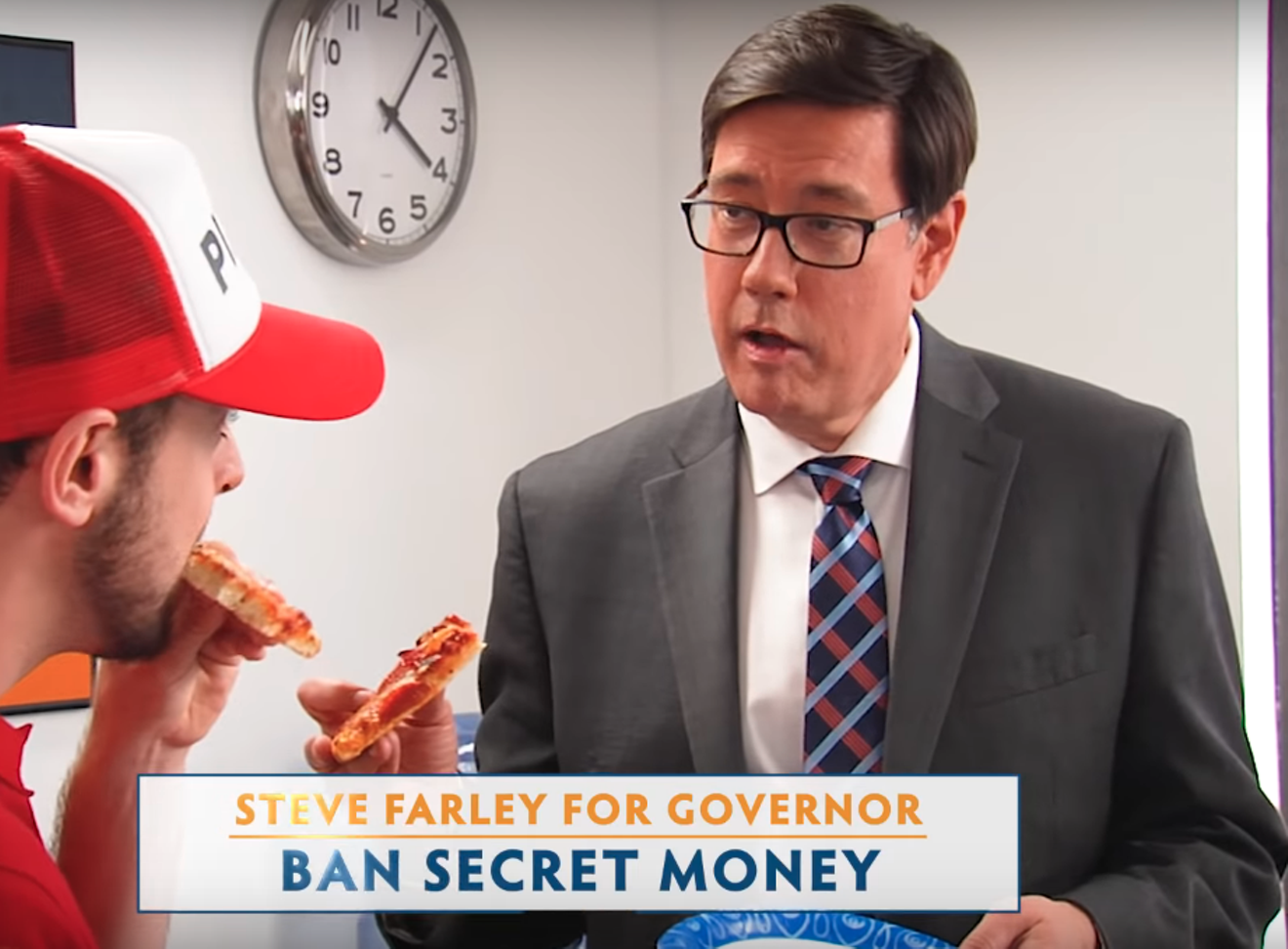 State Senator Steve Farley delivers policy briefs over pizza, according to this campaign ad.