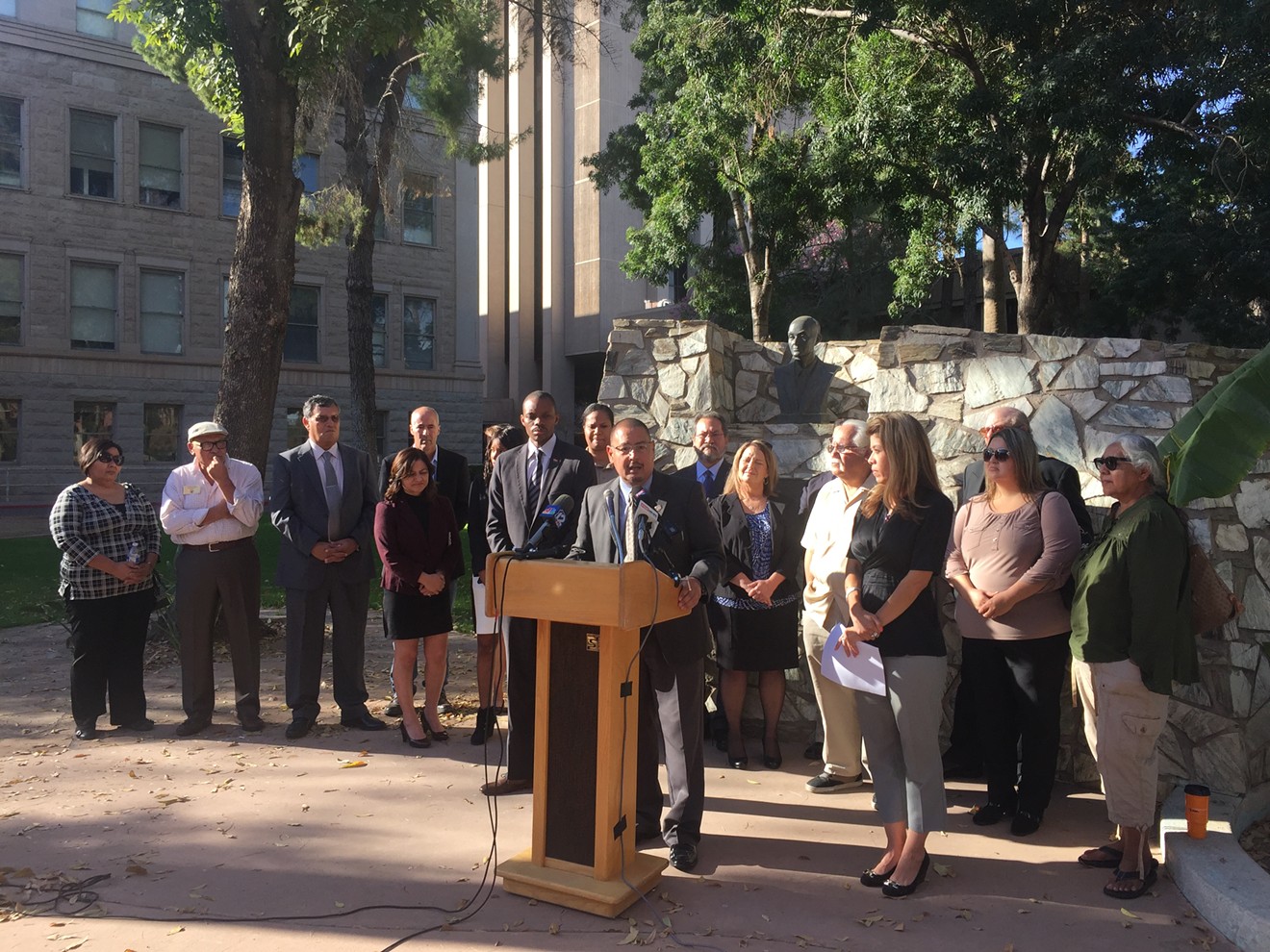 Maricopa County Supervisor Steve Gallardo speaks at a press conference featuring South Phoenix community leaders.