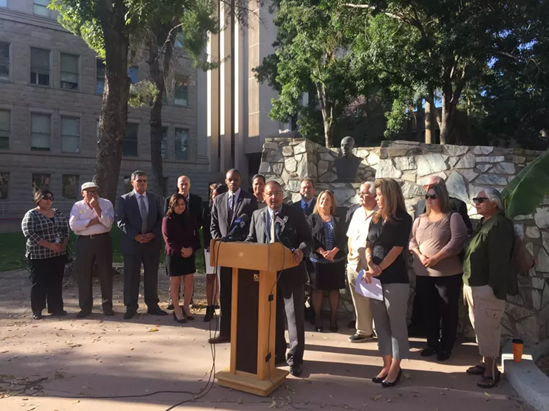 Image: Maricopa County Supervisor Steve Gallardo speaks at a press conference featuring South Phoenix community leaders.