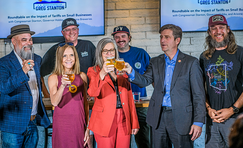 Image: Gov. Katie Hobbs, Rep. Greg Stanton, the Arizona Craft Brewers Guild and local brewers gathered in Tempe to discuss the impact of tariffs.