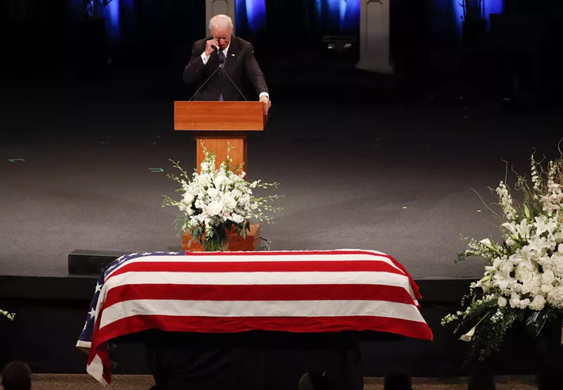 Image: Former Vice President Joe Biden wipes away a tear as he eulogizes his friend John McCain in Phoenix.