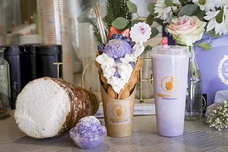 Image: Ube bubble waffles with fresh ube from the Philippines at Mango Rabbit.
