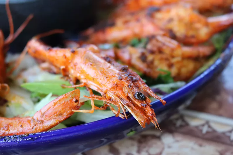 Image: A closeup of the Camarones Locos at Mariscos Playa Hermosa.