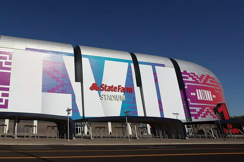 Image: State Farm Stadium decked out for the Super Bowl in February.