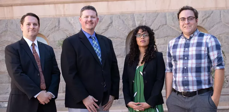 Image: Arizona Mirror's staff, from L to R: associate editor Jeremy Duda, editor Jim Small, reporter Laura Gómez Rodriguez, and reporter Jerod MacDonald-Evoy.